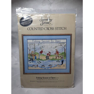 Vtg Candamar Something Special Counted Cross Stitch Kit Fishing Season Is Open